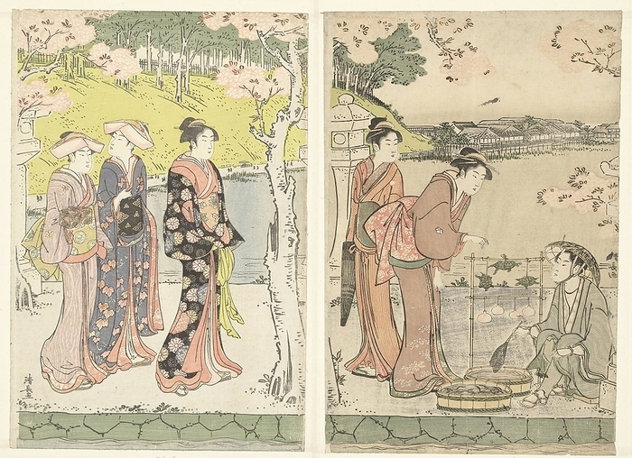 Turtle seller, Five women, under flower trees, with young man with landing net sitting by two water troughs and bamboo rack with turtles and fish bowls with goldfish, in the background the Shinobazu pond. Left and middle sheet of a triptych, Torii Kiyonaga (mentioned on object), Japan, 1783 - 1793, paper, color woodcut, h 387 mm × w 260 mm × h 390 mm × w 256 mm