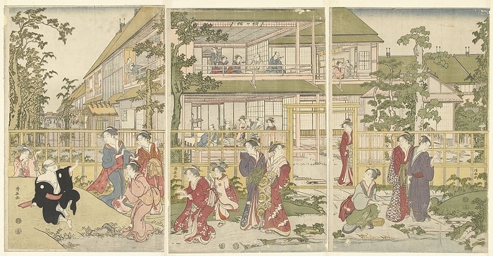 Playing blind man, View of the Kankanro teahouse with different courtesans in the garden blind man playing with a man in black kimono, blind man's buff, Torii Kiyonaga (mentioned on object), Tokyo, 1792 - 1796, paper, color woodcut, h 387 mm w 250 mm h 385 mm w 250 mm h 385 mm w 250 mm h 385 mm Torii Kiyonaga (mentioned on object), Tokyo, 1792 - 1796, paper, colored woodcut, h 387 mm × w 250 mm × h 386 mm × w 250 mm × h 385 mm × w 250 mm