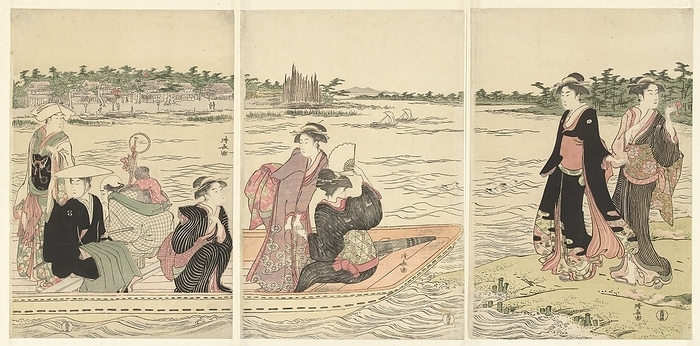 Ferry on the Sumida River, Ferry with six passengers, sailing to two women waiting on the riverbank., Torii Kiyonaga (mentioned on object), Japan, 1785 - 1789, paper, colored woodcut, h 382 mm × w 258 mm × h 382 mm × w 260 mm × h 384 mm × w 259 mm