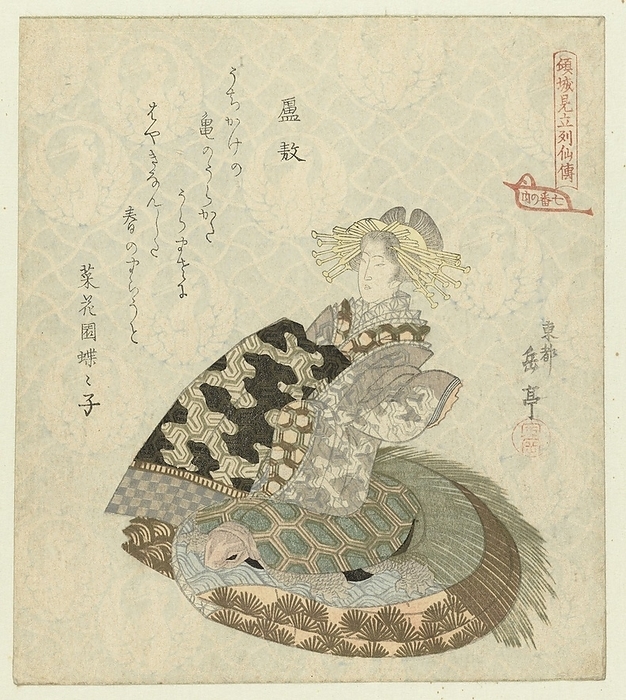The immortal Rokô Rokô (title on object) A parody of biographies of wise men by courtesans: a series of seven prints (series title) Keisei mitate ressenden - nanaban no uchi (series title on object), A courtesan in a kimono decorated with a long-haired turtle (minogame). Due to the position of the depicted turtle, it seems that the courtesan rides on the beast, as Rokô, a Chinese immortal, always did. These turtles symbolize a long life because of the belief that the animals grow a tail of seaweed when they are 10 000 years old. With one poem, courtesan, hetaera, Yashima Gakutei (mentioned on object), Japan, c. 1821 - c. 1822, paper, colored woodcut, h 207 mm × w 183 h 207 mm x w 183 mm