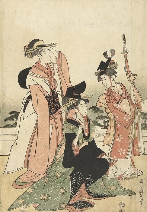 Courtesan imitating courtier, Kneeling courtesan in court clothes, in left hand a fan on which poem written with brush in left hand accompanied by kamuro, Standing with sword and courtesan, standing with hand above eyes, looking towards Mount Fuji, whose foot is visible in the background. Kitagawa Utamaro (mentioned on object), Japan, 1795 - 1800, paper, color woodcut, h 365 mm × w 251 mm