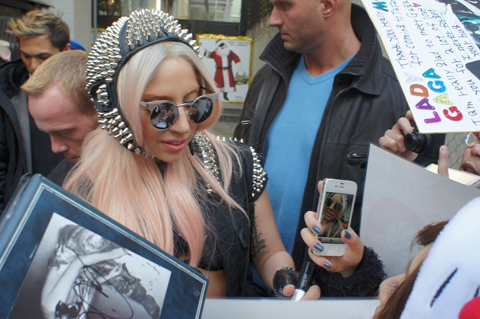Lady Gaga, Dec 21, 2011: American singer Lady Gaga surprises her Japanese Monsters at an unannounced visit to Toga Harajuku, Tokyo, Japan.