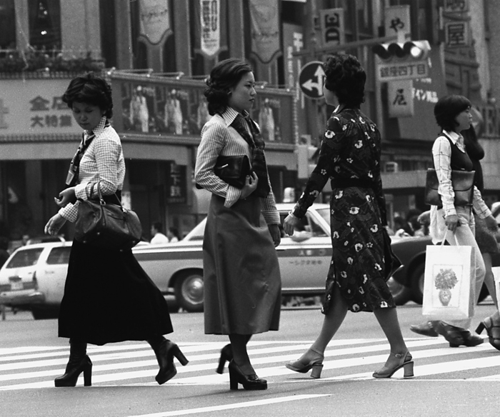     Long skirts are all the rage. Ginza, Tokyo.  September 1974 
