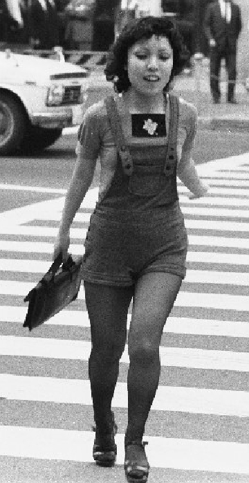     Wearing denim hot pants. Ginza, Tokyo.  June 11, 1971 