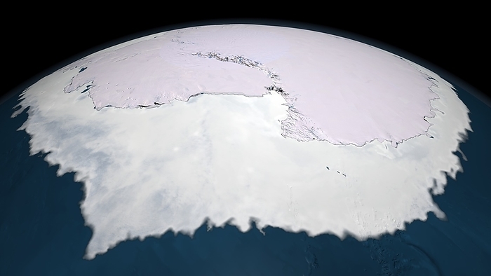 Antarctica, July 2005 Antarctica. Satellite image of Antarctica  pink  and its surrounding sea ice  white  on 14th July 2005. The amount of sea ice around the continent changes throughout the year, with a larger area, up to 18 square kilometres, during the winter and a smaller area, around 3 million square kilometres, during the summer. The average area covered will also vary from year to year. Image obtained by the Advanced Microwave Scanning Radiometer for EOS  AMSR E  on NASA s Aqua satellite.