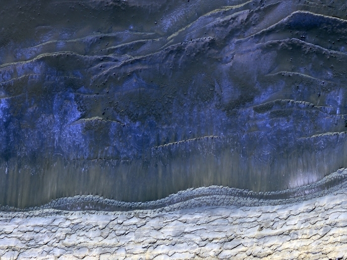 Frozen Mars, satellite image Frozen Mars. Satellite image showing the scarp that demarcates the boundary between layered deposits covering the north polar region  blue, top  and the lower surrounding terrain, which includes sand dunes. This image was taken in the Martian spring and it is still cold enough for white carbon dioxide frost to cover most of the area. Imaged by the High Resolution Imaging Science Experiment  HiRISE  camera on NASA s Mars Reconnaissance Orbiter.