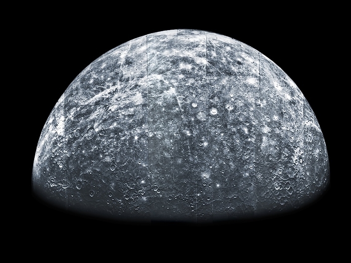 Mercury, Mariner 10 spacecraft image Mercury. Mariner 10 spacecraft image of Mercury, the closest planet to the Sun. The surface of Mercury is heavily cratered due to impacts from meteorites. Mercury has about the density as Earth, though it has only about 5  of the volume and mass of our planet. The Mariner 10 spacecraft imaged Mercury on three flybys during 1974 75.