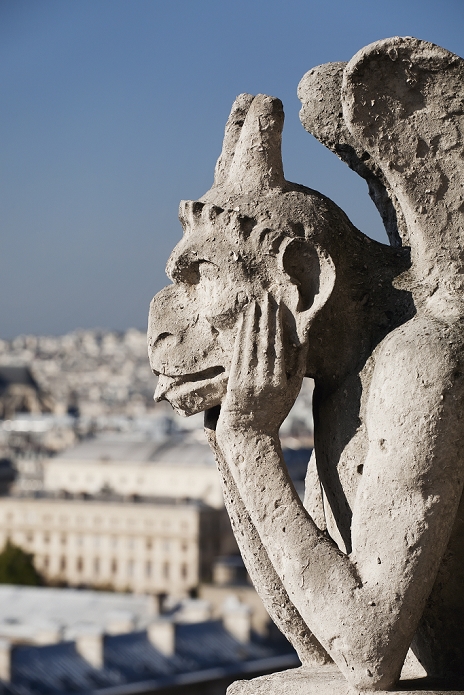 gargoyle overlooking paris with it's tongue sticking out; paris, france