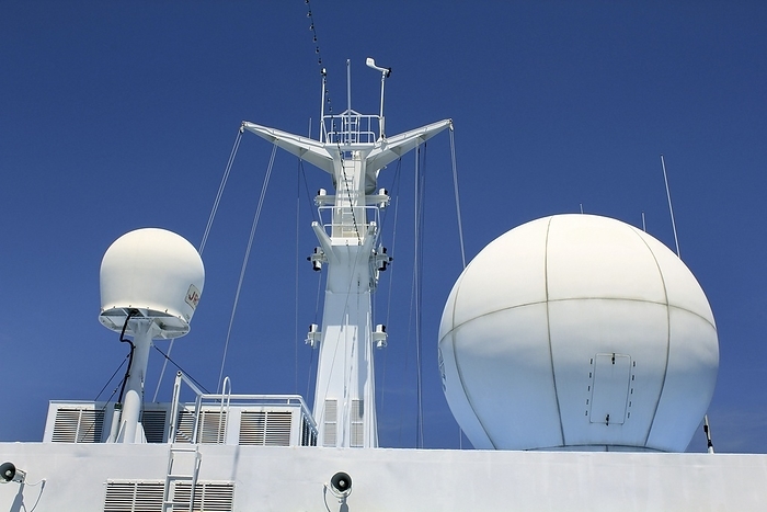 Ship radar and radio domes Ship radar and radio domes. These are used for navigation and communication purposes. Radar domes are also called radomes, and can be used to detect surface shipping and aircraft. Photographed on a cruise ship.