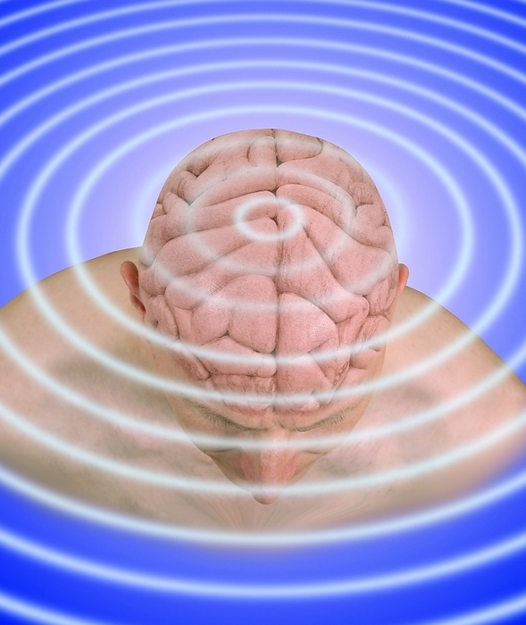 Brain waves, conceptual image Brain waves. Conceptual image of waves emanating from a man s brain. This can represent the electrical activity of the brain, as recorded on an electroencephalogram  EEG . It can also represent concepts such as telepathy, where communication and thoughts are transferred directly from one brain to another.