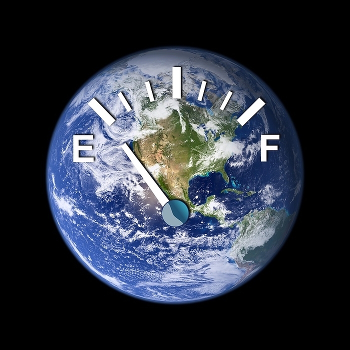 Global energy resources, conceptual image Global energy resources. Conceptual image of a fuel gauge on the Earth approaching empty  E . This represents global environmental issues relating to energy resources and their depletion. This includes the point when large reserves of new oil are no longer found and oil production starts to decline from its peak. Once oil reserves decline, either alternative fuel and power technologies will need to make up the shortfall, or energy consumption will need to be cut.