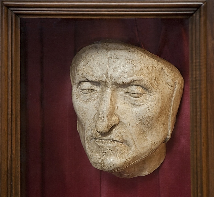 Dante Alighieri s death mask Death mask  of Dante Alighieri  1265 1321 , Italian poet and author of the  Divine Comedy , the greatest literary work in the Italian language. In fact, it is not a death mask but a facial reconstruction made from his skull in 2007 in a collaborative project by artists from Pisa University and engineers at the University of Bologna. The reconstruction was based on morphological and metric data collected during the formal identification of his remains in 1921 by the anthropologist Fabio Frassetto, who was also able to make a plaster model. Starting from this model and a morphologically compatible reference mandible, since the original jawbone was missing, a 3D digital model of the complete skull was obtained by reverse engineering and virtual modelling techniques. Dante s face was recreated using the model and facial reconstruction techniques used in forensic anthropology.