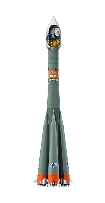 Mars Express rocket, artwork Mars Express rocket, cutaway artwork. The first Mars mission carried out by the European Space Agency s  ESA , Mars Express was launched on 2 June 2003 and arrived at Mars in December 2003. Since then, its sensors have extensively mapped Mars, transmitting images and data back to Earth. The launch was with a Soyuz FG rocket main stage and a Fregat booster  yellow, inside fairing . The Fregat booster was used to launch Mars Express on its interplanetary trajectory. The Soyuz FG Fregat launch system was provided by Starsem. The logos of other contributors are also shown on the rocket and its engines.