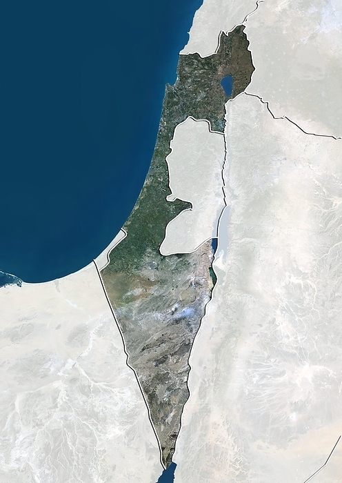 Israel, satellite image Israel, satellite image. North is at top. Natural colour satellite image showing Israel, with the surrounding territories shaded out, the Mediterranean Sea  blue, top  and Gulf of Aqaba  blue, bottom    part of the Red Sea. Israel is located in the Middle East and is bordered by Lebanon  top centre , Syria  top right , Jordan  right , the West Bank  centre , Egypt  bottom left , and the Gaza Strip  small, centre left  and the. Image compiled from data acquired by the LANDSAT 5 and 7 satellites, in 2000.