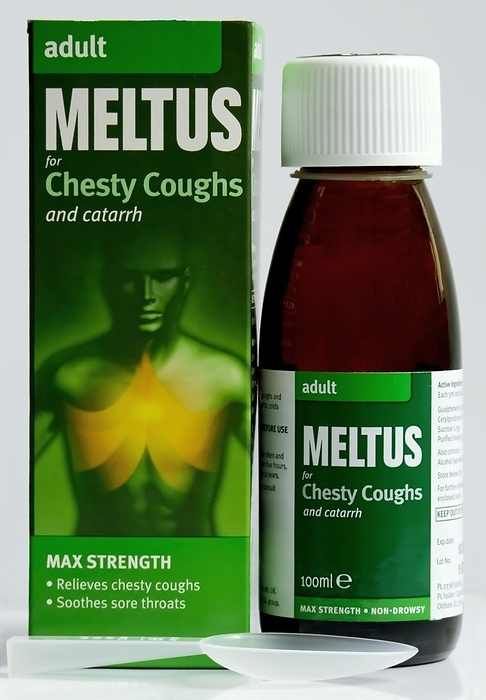 Meltus adult cough syrup and packaging Meltus adult cough syrup and packaging. This is a brand name cough syrup that contains as its active ingredient the expectorant drug guaiphenesin  glyceryl guaiacolate . It is taken orally and encourages the production of phlegm from the lungs and airways in cases of respiratory infections. The symptoms of such infections include a sore throat, a chesty cough, and catarrh  inflamed mucous membranes . This is the adult form of this cough syrup. Meltus is manufactured by Cupal for the SSL International pharmaceutical company.