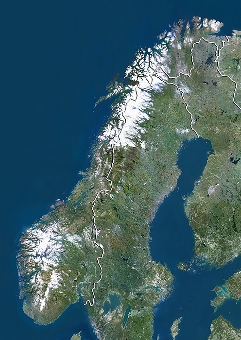 Norway, satellite image Norway, satellite image. North is at top. Natural colour satellite image showing Norway  centre left  and the surrounding territories. Norway is a Nordic country that comprises the western portion of the Scandinavian Peninsula, Jan Mayen, the Arctic archipelago of Svalbard and the subantarctic Bouvet Island. It is bordered by Sweden  centre , Finland  centre right , and Russia  upper right . The Skagerrak Strait  blue, bottom left  separates Norway from Denmark  not seen . The North Sea  blue, lower left , Norwegian Sea  blue, centre left to upper left , Barents Sea  blue, top right , and Gulf of Bothnia  blue, centre right    part of the Baltic Sea  blue, lower right , can also be seen. Image compiled from data acquired by the LANDSAT 5 and 7