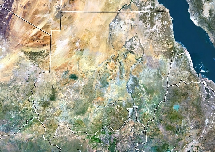 Sudan, satellite image Sudan, satellite image. North is at top. Natural colour satellite image showing Sudan  centre  and the surrounding territories. The Republic of Sudan is located in North Africa. It is bordered by Egypt  top centre , the Red Sea  blue, top right , Eritrea  centre right , Ethiopia  lower right , South Sudan  bottom centre , the Central African Republic t  bottom left , Chad  centre left , and Libya  upper left . Image compiled from data acquired by the LANDSAT 5 and 7 satellites, in 2000.