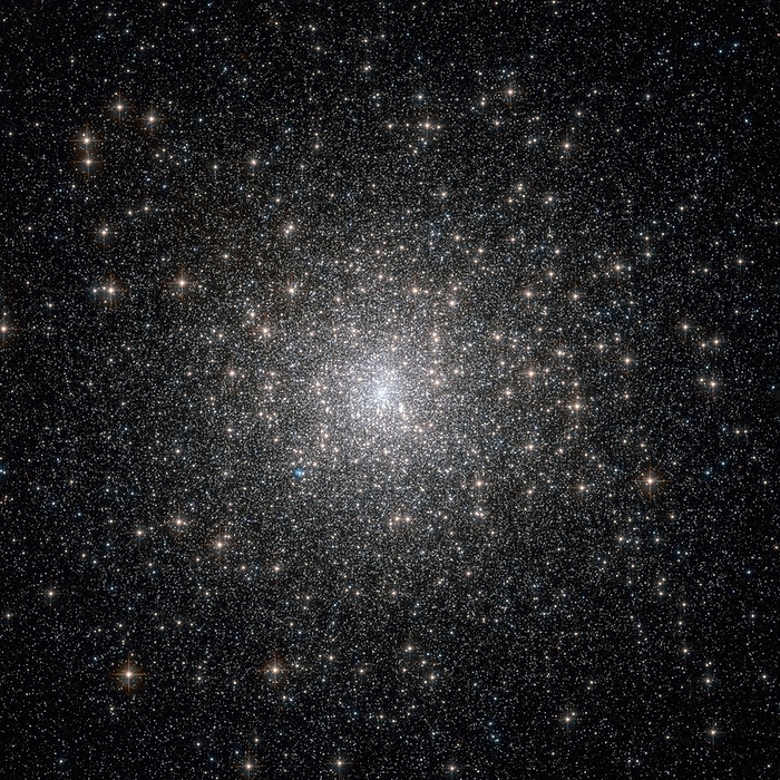 Globular cluster M15, HST image Globular star cluster M15, Hubble Space Telescope  HST  image. This is a sphere of hundreds of thousands of stars, which lies around 33,000 light years from Earth in the constellation Pegasus. It is approximately 13 billion years old. M15 is one of the densest and brightest globular star clusters. The bright blue sphere to the lower left of the core is a planetary nebulaa glowing shell of gas cast off by a Sun like star near the end of its life.