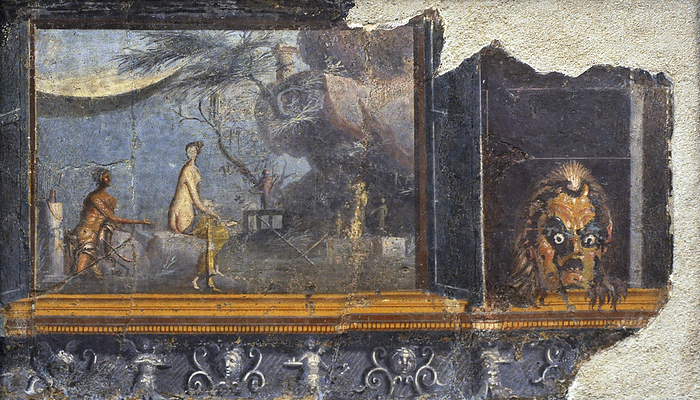 Panel with doors with a mask of Silenus. Acis and Galatea in a rural landscape. 1st century BC. Roman fresco. Roman fresco depicting a panel with doors with a mask of Silenus. To the left, the encounter of Acis and Galatea in a rural landscape, near a cave. 1st century BC. National Archaeological Museum. Naples. Italy.