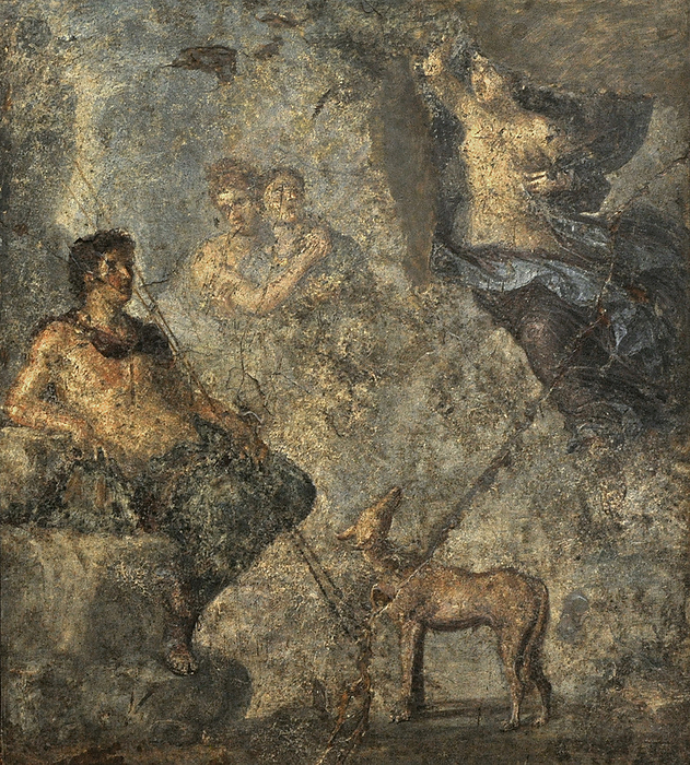 Roman fresco depicting Endymion contemplating Selene descending towards him. Triclinium. House of the Dioscuri, Pompeii. Roman fresco depicting Endymion contemplating his beloved Selene descending towards him covered with a dark mantle. Triclinium. House of the Dioscuri, Pompeii. National Archaeological Museum. Naples. Italy.
