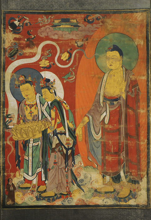 Greeting of the Righteous Man on the Way to the Pure Land of Buddha Amitabha. Tangut State of the Western Xia  982 1227 . Khara Khoto. 13th century. Scroll: colur on cotton. Greeting of the Righteous Man on the Way to the Pure Land of Buddha Amitabha. Tangut State of the Western Xia  982 1227 . Khara Khoto. 13th century. Scroll: colur on cotton.The State Hermitage Museum. Saint Petersburg. Russia.