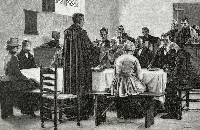 USA. The Communion. 19th century. Engraving.  Engraving by Jonnard from a picture of the American painter Gari Melchers  1860 1934 .  La Ilustraci soluti Ibica , 1891.