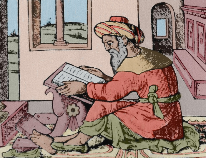 Averroes  1126 1198 . Andalusian Muslim polymath. Portrait. Colored. Averroes  1126 1198 . Ibn Rushd. Medieval Andalusian Muslim polymath. Portrait. Averroes in his studio. Engraving at   Colliget Venetis   1530 . Colored.