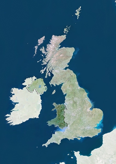 Wales, United Kingdom, satellite image Wales, satellite image. North is at top. Natural colour satellite image showing Wales in the United Kingdom, with the surrounding territories shaded out. The UK consists of the island of Great Britain  centre  and Northern Ireland   the north eastern part of the island of Ireland  centre left . Together these islands constitute the British Isles. Great Britain itself consists of Scotland  upper centre , England  centre right , and Wales  centre left . England is separated from France  lower right  by the English Channel  blue, lower right . The Atlantic Ocean  blue, left , Irish Sea  blue, centre , North Sea  blue, right  and Celtic Sea  blue, bottom left  surround the British Isles. Image compiled from data acquired by the LANDSAT 5 and 7 satellites, in. Images highlighting all other regions of this country are available. For further information please contact SPL. Images highlighting all other regions of this country are available. For further information please contact SPL.