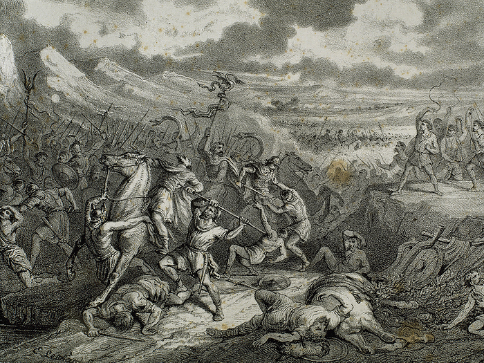 First Punic War. The Carthaginians invade the Sicily Island. 3rd century B.C. Engraving. First Punic War. The Carthaginians land forces invade the Sicily Island, commanded by the general Hamilcar Barca  c. 275 228 B.C. , from 247 to 241 B.C. Engraving by Rafael del Castillo.  Historia de Espana Ilustrada , 1871.