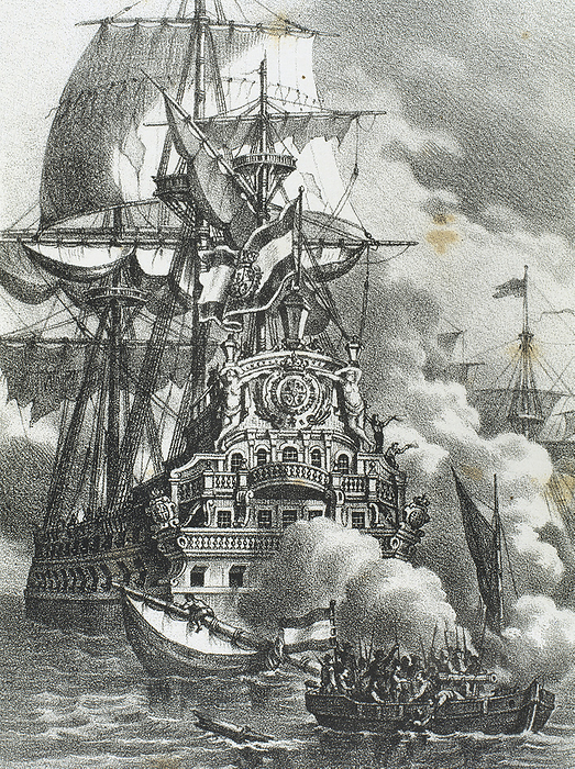 The Brethren or Brethren of the Coast attacking three Spanish galleons.  They were a coalition of pirates and privateers known as buccaneers and active in the17th and 18th centuries in the Atlantic Ocean, Caribbean Sea and Gulf of Mexico. They were a coalition of pirates and privateers known as buccaneers and active in the17th and 18th centuries in the Atlantic Ocean, Caribbean Sea and Gulf of Mexico.