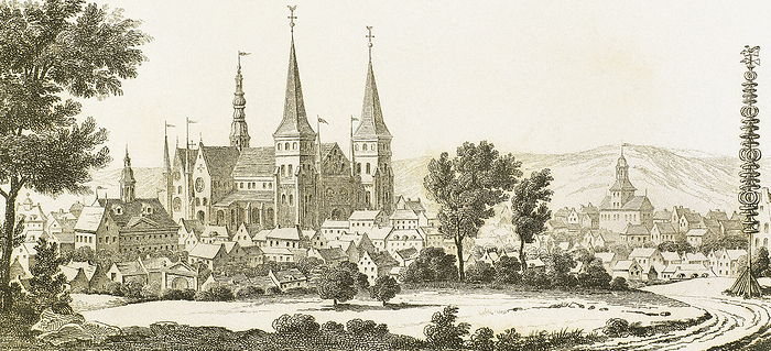 Sweden. Skara city. Cathedral. Engraving, 1843. Sweden. Skara city. Cathedral. Vastra Gotaland County. Anonymous engraving. Universal Panorama, 1843.