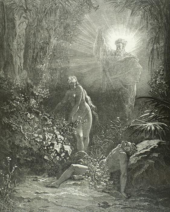 Adam and Eve disobeying God. Banishes from the Garden of Eden. Engraving by Dore. Old Testament. Original sin. Adam and Eve disobeying God. Banishes from the Garden of Eden. Book of Genesis. Engraving by Gustave Dore  1832 1883 .