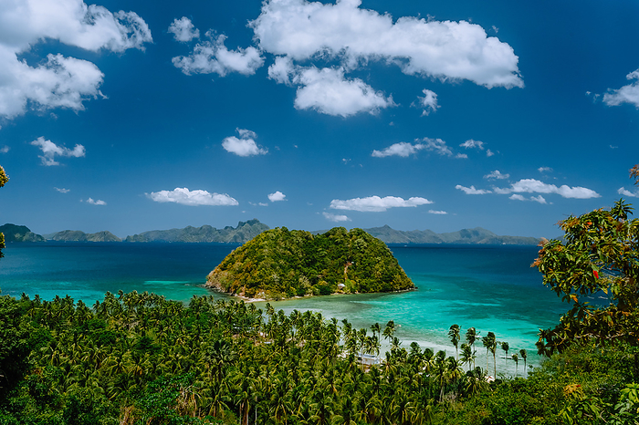 Tropical beach scenery with palm trees, island and blue lagoon. El Nido, Palawan, Philippines Tropical beach scenery with palm trees, island and blue lagoon. El Nido, Palawan, Philippines., Photo by Miniloc