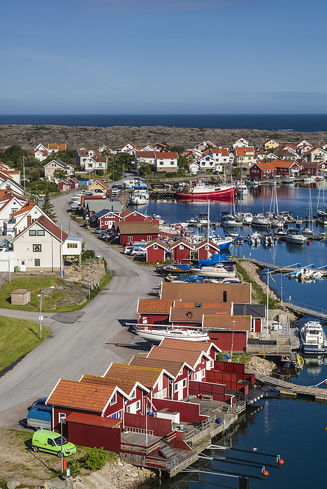 Sweden Sweden, Bohuslan, Hasselosund, high angle view of small harbor, Photo by Walter Bibikow