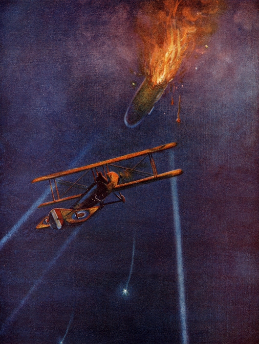  World War I Battle of the Skies  September 1916  Zeppelin airship shot down at Cuffley, near Enfield, close to London, by Lieut William Leefe Robinson of Royal Flying Corps during bombing raid on London on night of 2 3 September 1916. An act for which he received the Victoria Cross.       