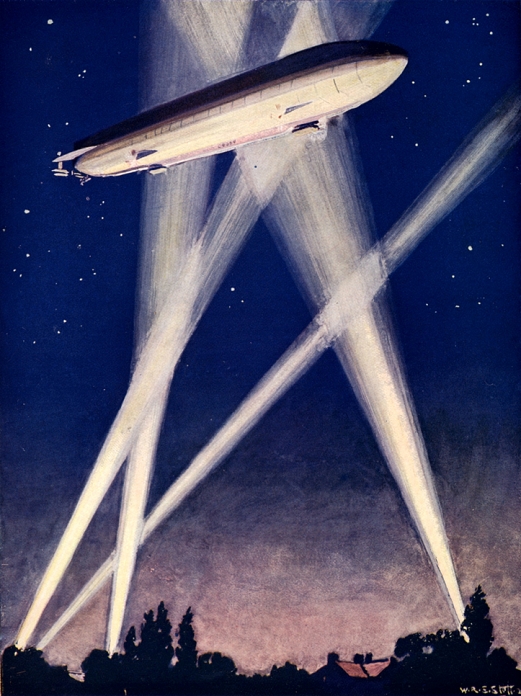  World War I Battle of the Skies  April 1, 1915  Zeppelin airship caught in searchlights during a bombing raid over England, 1916. On the night of 2 3 September London was bombed. Illustration published c1920.      