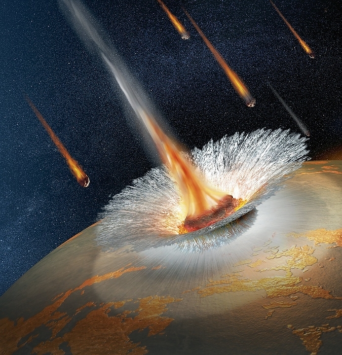 Meteor strike, artwork Meteor strike. Computer artwork of meteors impacting the surface of an Earth like planet. Such impacts would cause devastation over a wide area, throwing a huge amount of material into the atmosphere. This would block out sunlight and lower global temperatures. It is thought that a similar single impact was responsible for the extinction of the dinosaurs some 65 million years ago.