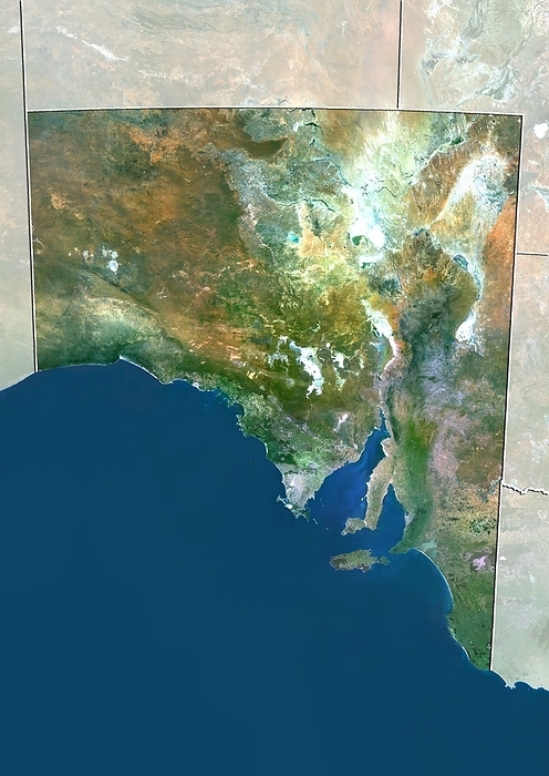 South Australia South Australia. True colour satellite image showing the state of South Australia, with the surrounding states and territories shaded out, and the Great Australian Bight  blue  at bottom. Australia comprises six states: New South Wales, Queensland, South Australia, Tasmania, Victoria, and Western Australia  and two major mainland territories: the Northern Territory and the Australian Capital Territory. Image compiled from data acquired by the LANDSAT 5 and 7 satellites, in 2000. Images highlighting all other regions of this country are available. For further information please contact SPL.