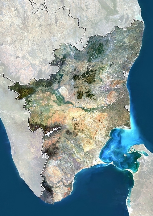 Tamil Nadu, India, satellite image Tamil Nadu, India. North is at top. Natural colour satellite image showing the state of Tamil Nadu, India, with the surrounding states shaded out. India is located in South Asia. Tamil Nadu lies in the southernmost part of the Indian Peninsula and is bordered by the union territory of Pondicherry, and the states of Kerala, Karnataka, and Andhra Pradesh. The Bay of Bengal  blue, right , Gulf of Mannar  blue, bottom right , Palk Strait  light blue, lower right , Indian Ocean  blue, lower left  and Sri Lanka  bottom right  can also be seen. Image compiled from data acquired by the LANDSAT 5 and 7 satellites, in 2000. Images highlighting all other regions of this country are available. For further information please contact SPL.