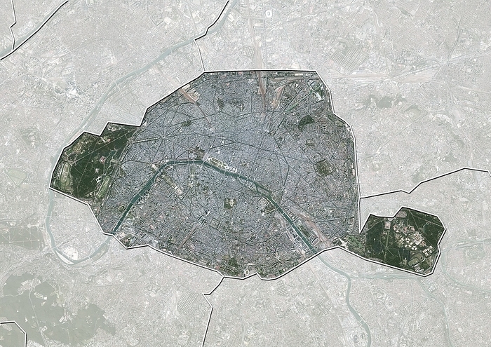 Paris, France, satellite image Paris, France. North is at top. Natural colour satellite image showing Paris, with the surrounding regions shaded out. France is located in Western Europe. Paris is the capital and largest city of France. It is situated on the river Seine, in northern France, at the heart of the Ile de France region. Image compiled from data acquired by the LANDSAT 5 and 7 satellites, in 2000. Images highlighting all other regions of this country are available. For further information please contact SPL.