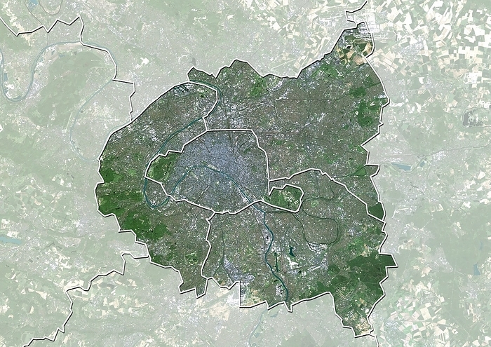 Ile de France, France, satellite image Ile de France, France. North is at top. Natural colour satellite image of a close up on the Ile de France administrative region of France, showing the Greater Paris Area  green  with the surrounding areas shaded out. The areas shown are: Paris  centre , and the departments of Seine Saint Denis  upper right , Seine et Marne  right , Val de Marne,  lower right , Hauts de Seine  lower left , Val d Oise  top centre , Essonne  bottom centre , and Yvelines  left . France is located in Western Europe. Paris is the capital and largest city of France. Bot it and Seine Saint Denis are located in northern France, at the heart of the Ile de France region. Image compiled from data acquired by the LANDSAT 5 and 7 satellites, in 2000. Images highlighting all other