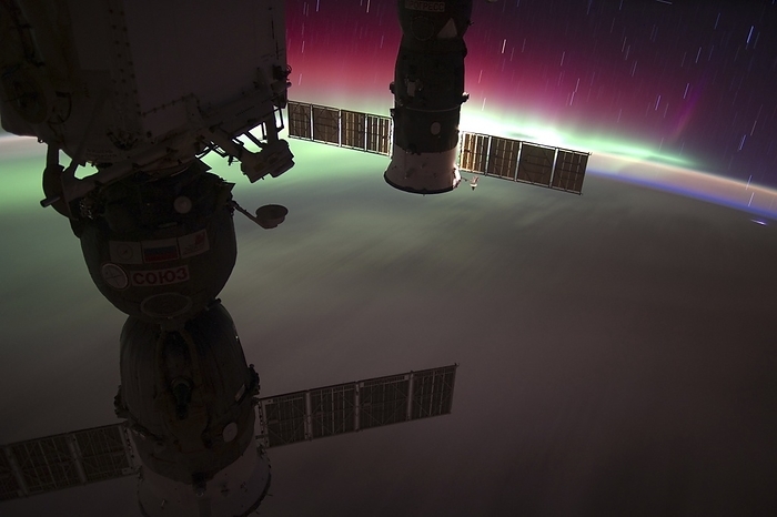 Aurora Australis, ISS image. Aurora Australis, ISS image. Photograph of the Aurora Australis  southern lights  taken by astronauts aboard the International Space Station  ISS . Two Russian spacecraft docked to the ISS are also visible. Photographed 22nd May 2012.