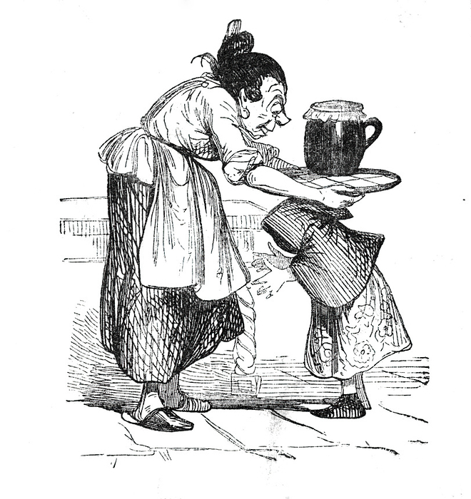 Little Red Riding Hood s mother gives her a pot of butter and a cake for her grandmother, 1842. Creator: Unknown. Little Red Riding Hood s mother gives her a pot of butter and a cake for her grandmother, 1842. From  quot Illustrated London News quot , 1844, Vol I.