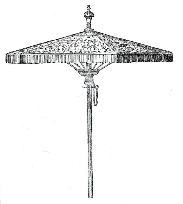 The State Parasol, 1844. Creator: Unknown. The State Parasol, 1844. One of the  trophies taken by the French army from the Moors, consisting of the Tent of the eldest son of the Emperor  Muhammad IV of Morocco , and the Parasol of the Emperor  Abd al Rahman  himself . It was displayed in Paris.  The Parasol  el d Alala , which was planted in front of the tent, was seized by the French soldiers from the midst of the black troops...It is round in shape, and is supported by a large handle of pine wood...The top of it is amaranth coloured silk, with embroideries in silver gilt, which are admirable both for their elegance and correctness of design  they are arabesques of flowers, remarkable for their lightness and boldness  the inside is green silk, with flowers of gold. The ribs...are of gilded wood  the parasol is surmounted by a ball of gilt silver...  From  quot Illustrated London News quot , 1844, Vol I.