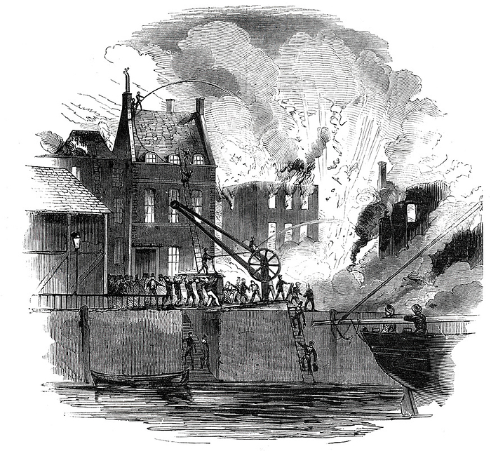 Fire at Boston   from a drawing by Mr. W. Caister, 1844. Creator: Unknown. Fire at Boston   from a drawing by Mr. W. Caister, 1844. The Boston Herald:  ...the town of Boston  Massachusetts  was visited by a most awful conflagration, which broke out in the oil and colour warehouse of Mr. T. Slator, ship chandler and general dealer, in South street, which spread with great rapidity, and involved a mass of valuable property in ruin.  xa0 The six town engines were speedily on the spot  the tide was high, and no deficiency of water therefore existed, but all the engines were destitute of suction pipes, excepting one, which was not of length sufficient to reach the water...Suddenly an explosion of gunpowder took place. The whole of the front of Mr. Slator  x2019 s house was blown out, some of the bricks being actually propelled across the river, and a mass of ruins and burning embers falling among the crowd. Mr. Duggan s granary...was now a mass of flame, and vast quantities of wheat and other grain burned to ashes. The total loss or property consumed, cannot be less than   xa3 10,000 . From  quot Illustrated London News quot , 1844, Vol I.