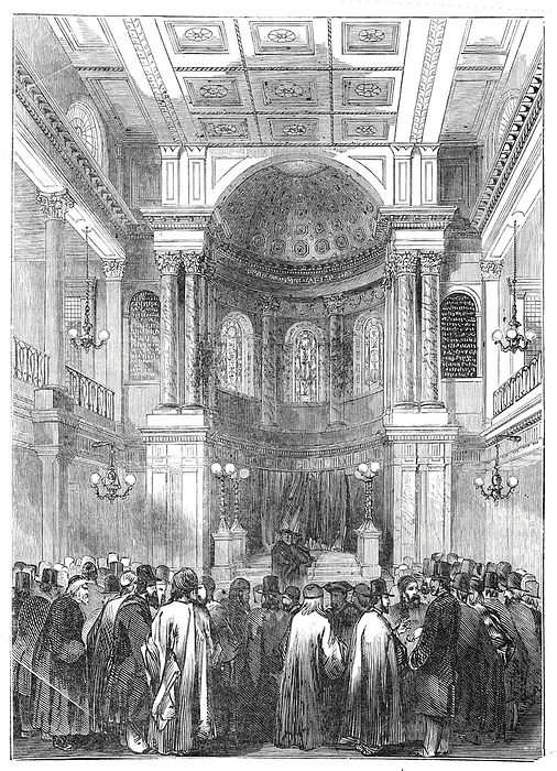 Election of Rabbi, at the Synagogue, Great St. Helen s, 1844. Creator: Unknown. Election of Rabbi, at the Synagogue, Great St. Helen s, 1844. Scene at Bishopsgate Street, City of London, when the Reverend Doctor Nathan Marcus Adler was chosen as Orthodox Chief Rabbi of the British Empire.  A multitude was present. A din of strange sounds saluted our ear...A strong eastern character was stamped on every countenance. Every man was recognised as a foreigner, and felt to be a Jew...every one spoke of Dr. Adler in terms of kindness. He was said to be a learned man, strongly given to philosophic inquiry, and more deeply affected with the spirituality of religious observances than is usual with the Jews. A revival and a change was therefore looked for, and in that hope we left the company, but not without fear, when, in parting, we learned that the new Rabbi, who lives at Hanover, is under the special patronage of King Ernest . From  quot Illustrated London News quot , 1844, Vol I.