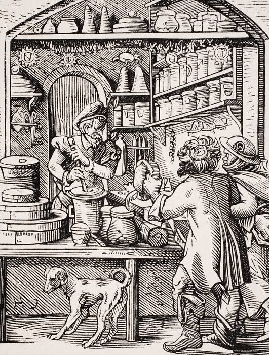 The Druggist. 19th century reproduction of 16th century woodcut by Jost Amman