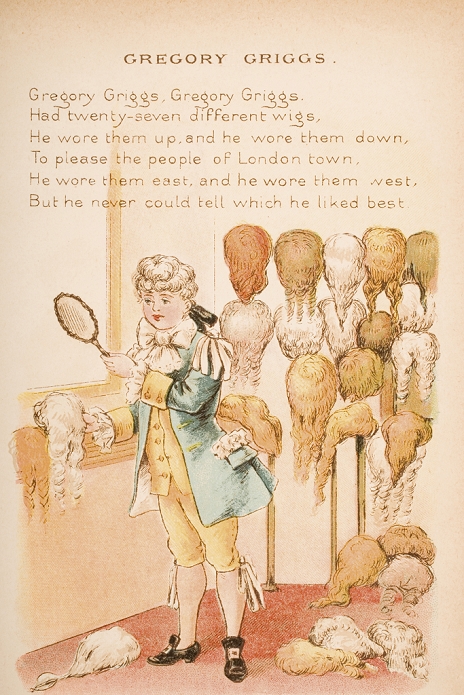 Nursery rhyme and illustration of Gregory Griggs from Old Mother Goose's Rhymes and Tales. Illustrated by Constance Haslewood. Published by Frederick Warne & Co London and New York circa 1890s. Chromolithography by Emrik & Binger of Holland