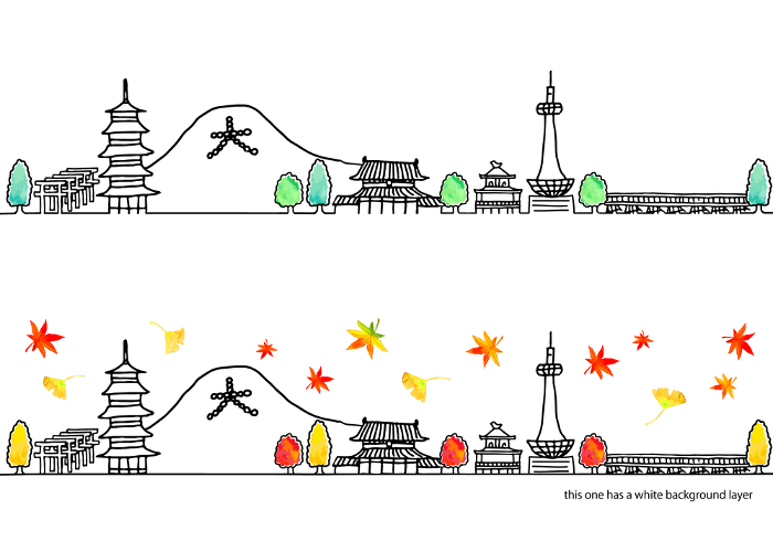 Simple hand-drawn set of line drawings of Kyoto cityscape in autumn