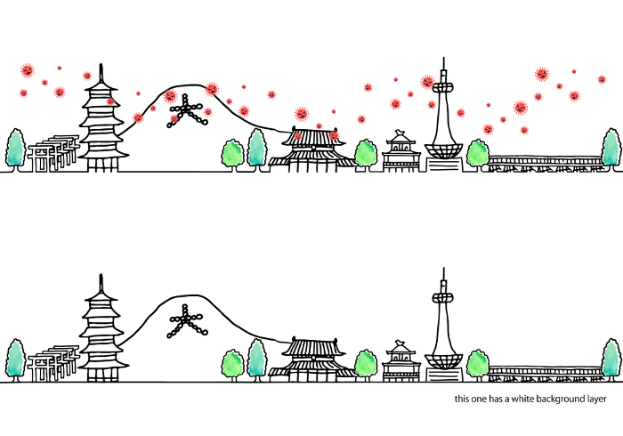 Set of line drawings of simple hand-drawn Kyoto cityscape and new coronavirus